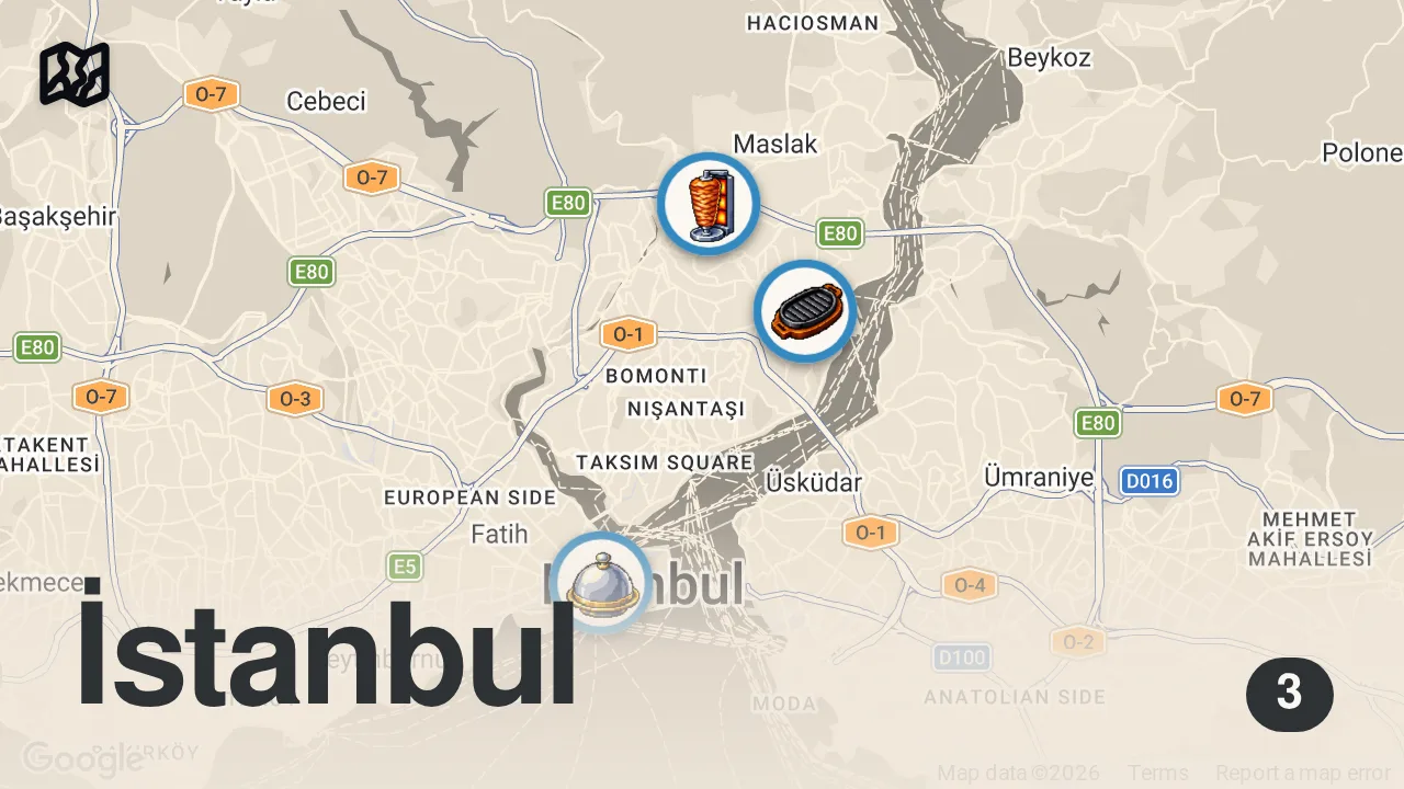 Map of 3 spots from ET PEŞİNDE BİR GÜN 🥩 | İstanbul’da Döner, Cağ Kebabı ve 28 Günlük Dallas Steak