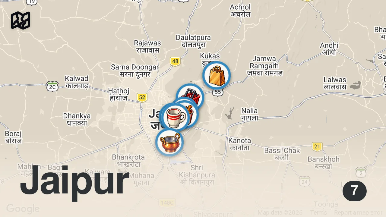 Map of 7 spots from FOOD HEAVEN in INDIA! Indian street food in Jaipur, India | Best RAJASTHANI street food in India
