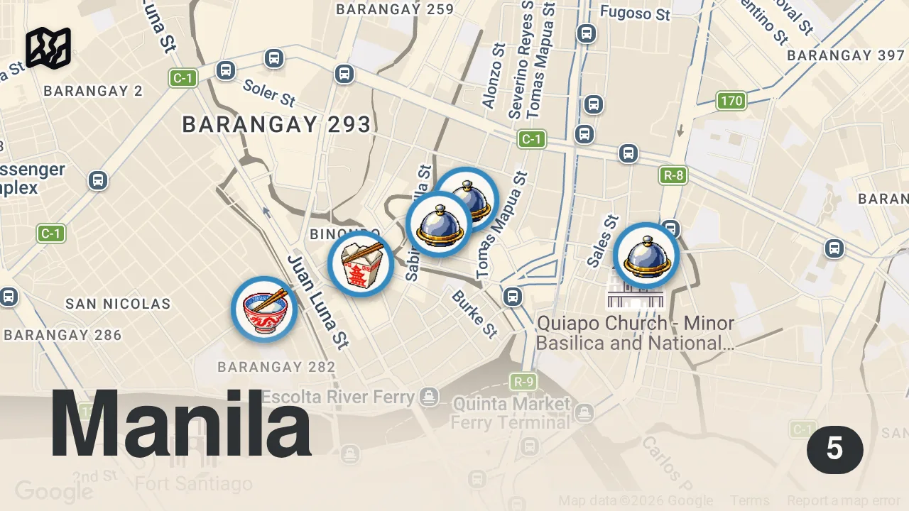 Map of 5 spots from 12 MUST TRY Foods in the MANILA CHINATOWN 🇵🇭 You Won't Believe What I Found!