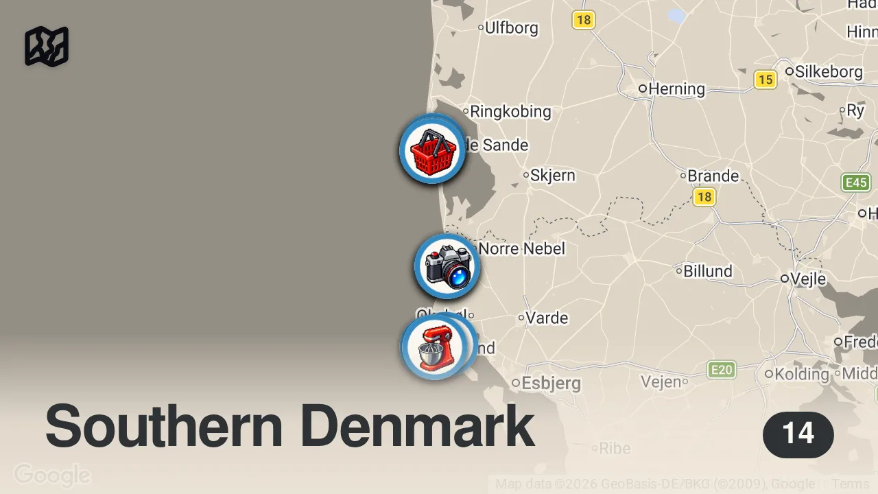 Map of 14 spots from Bedste Mad ved Vesterhavet? Fra Hvide Sande til Blåvand