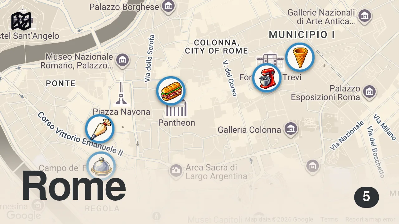 Map of 5 spots from Only eating VIRAL Food for 24 hrs in Rome! 🇮🇹