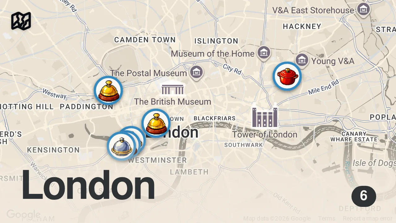 Map of 6 spots from I Ate Breakfast at Every 5-Star Hotel in London