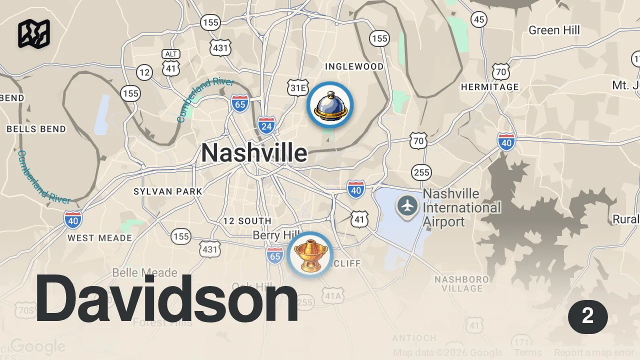 Map of 2 spots from Eating at Instagram's Most VIRAL Food Spots For 24 Hours (Nashville)