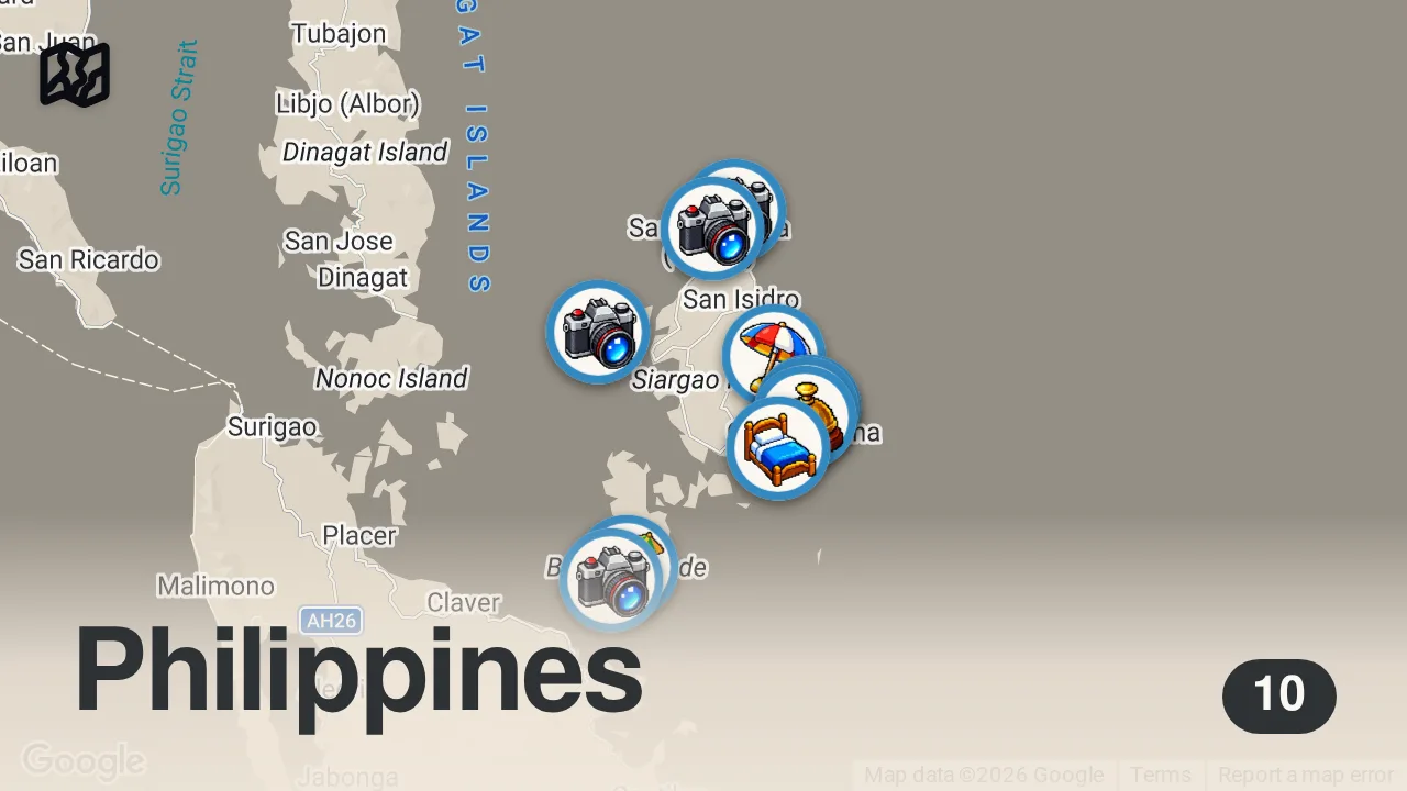 Map of 10 spots from 5 Affordable Luxury Villas under $100 in Siargao Philippines • Budget Travel Guide + Prices 2026