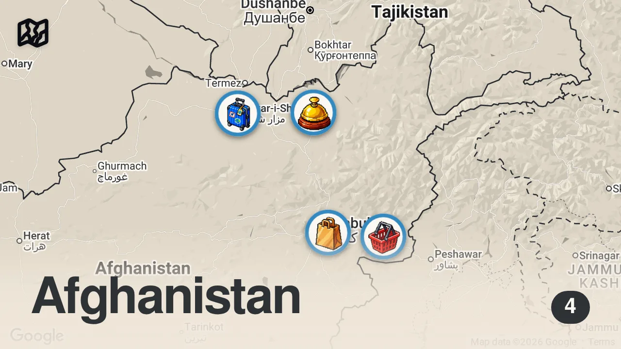Map of 4 spots from Day 1: Arriving In Afghanistan (extreme travel) - Life Under Taliban Rule 🇦🇫