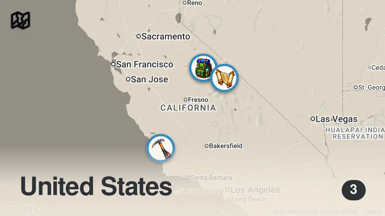 Map of 3 spots from Exploring California's Sierra Nevada Mountains