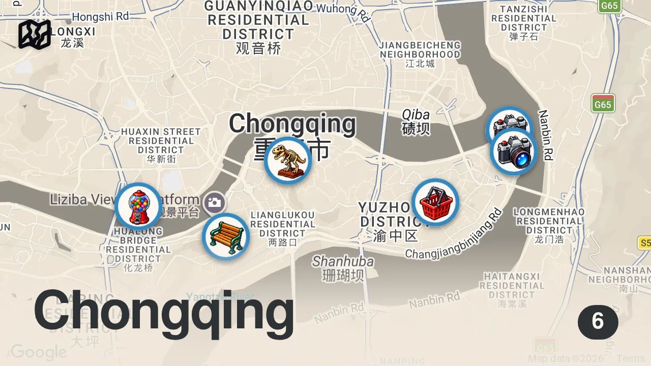 Map of 6 spots from Ignore The Western Propaganda - This Is China’s Futuristic Mountain Mega City, Inside Chongqing 🇨🇳