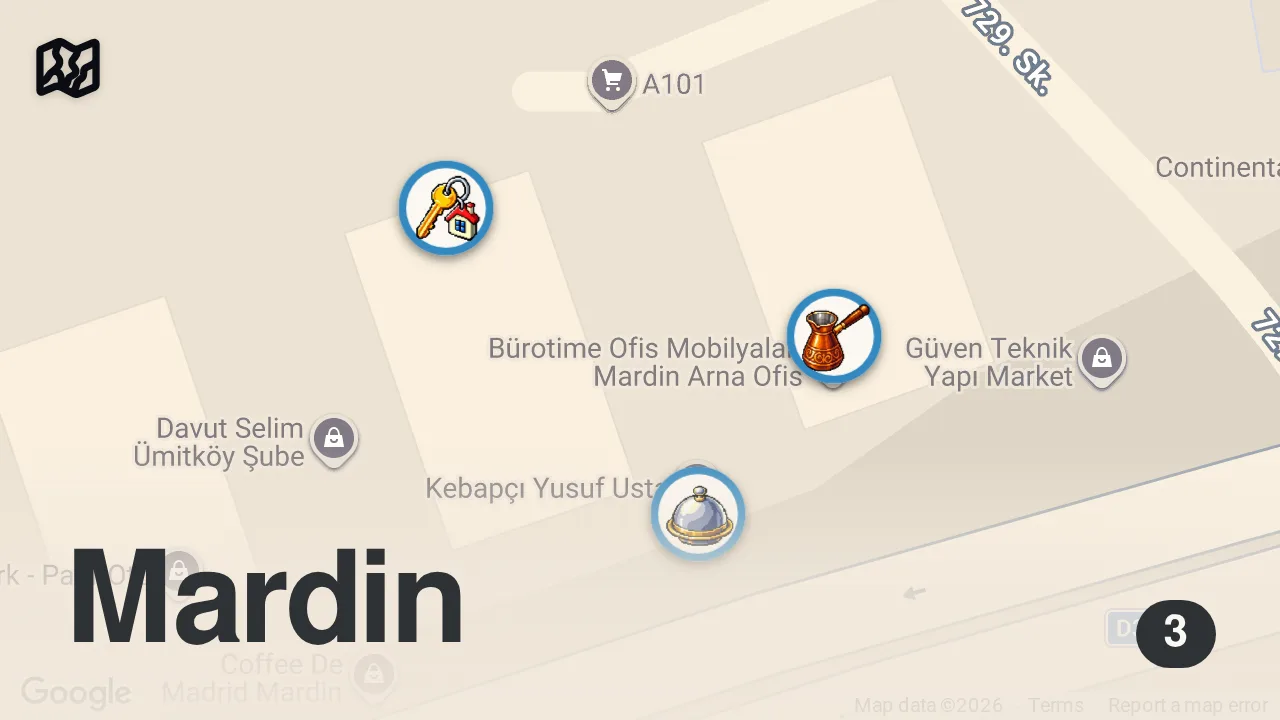Map of 3 spots from BU ŞEKİLDE YAPAN BİR TEK BEN VARIM!! MARDİN LEZZETLERİ
