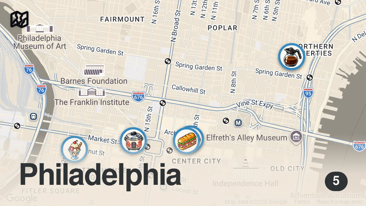 Map of 5 spots from Celebrating Philly Food Culture at the Reading Terminal Market. Philly Inquirer 76 #Foodie