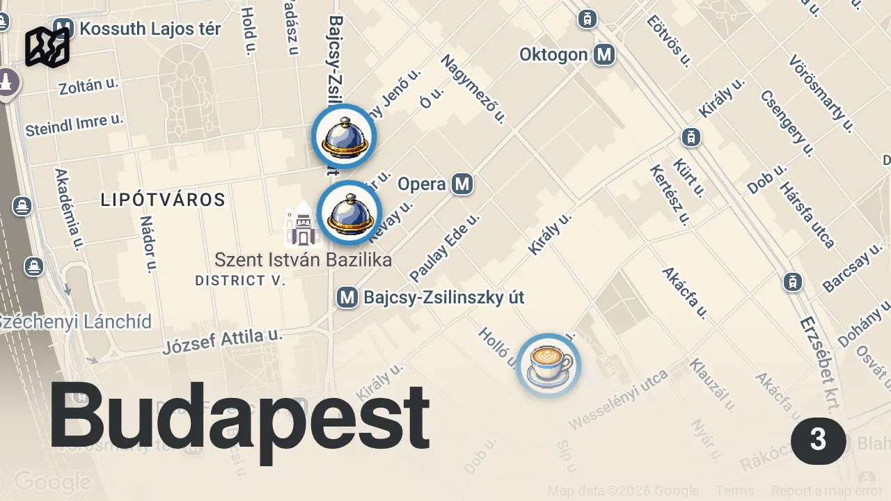 Map of 3 spots from EVDE ANNEN YAPSA YEMEZSİN BURDA SIRA OLMUŞLAR | BUDAPEŞTE TURU