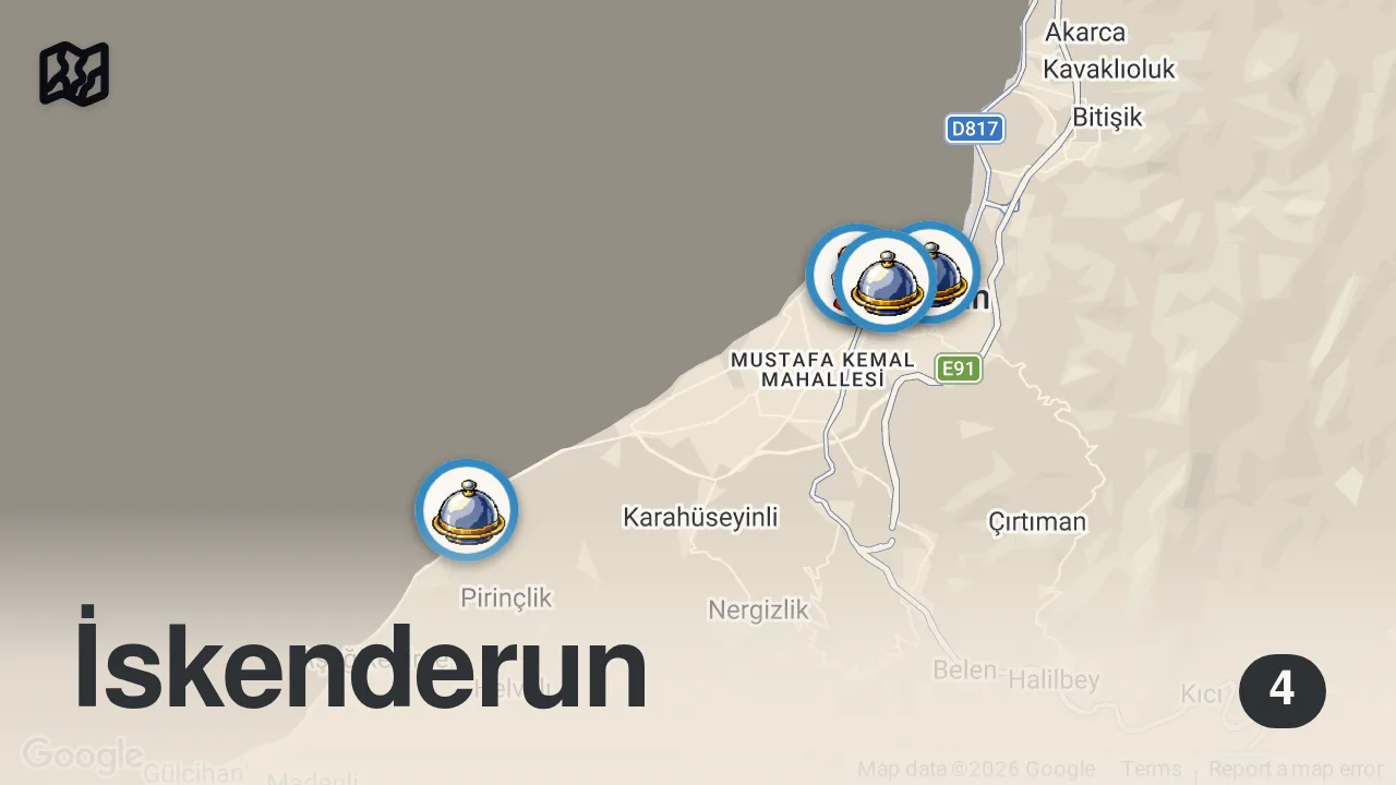 Map of 4 spots from İskenderun Vlog: Odun ateşinde kavurma, sakatat ziyafeti ve çıtır kruvasan – Oğuz Yenihayat