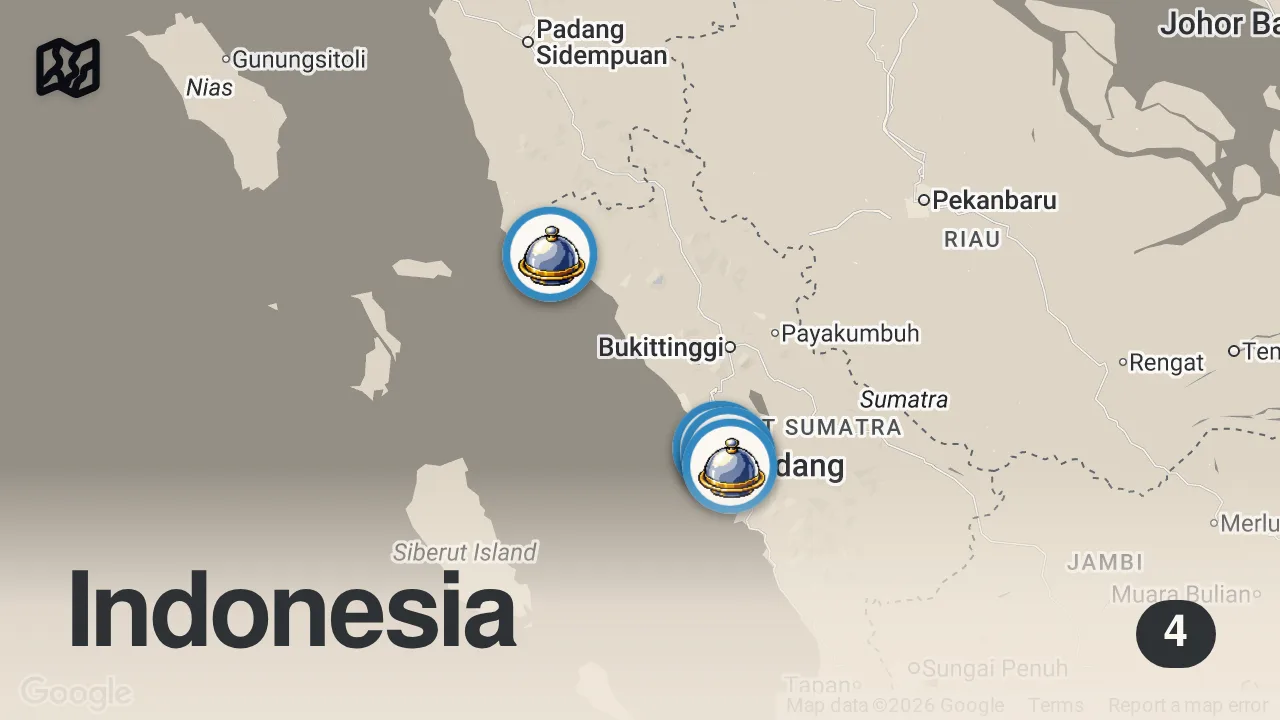 Map of 4 spots from 24 HOURS in PADANG - #1 HALAL Restaurant + SPICY Seafood + Sate Padang - Indonesian street food