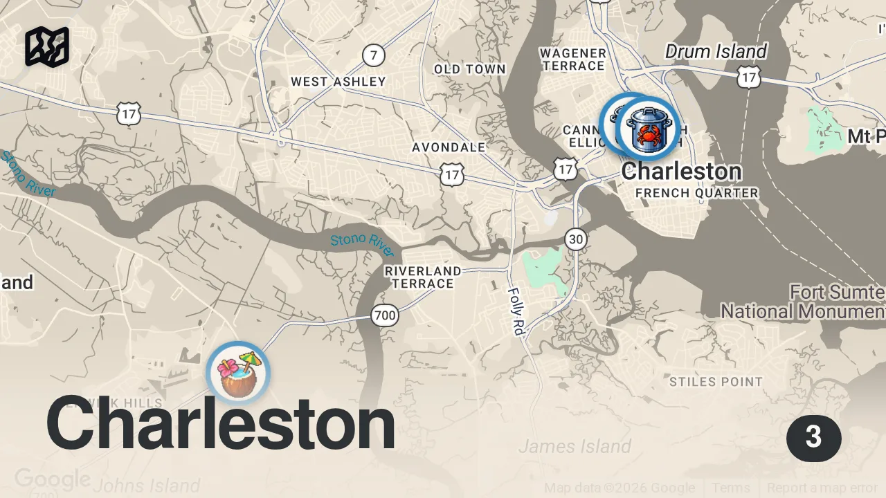 Map of 3 spots from America's Best Oysters!! 🦪 SEAFOOD TOUR in Charleston, South Carolina!