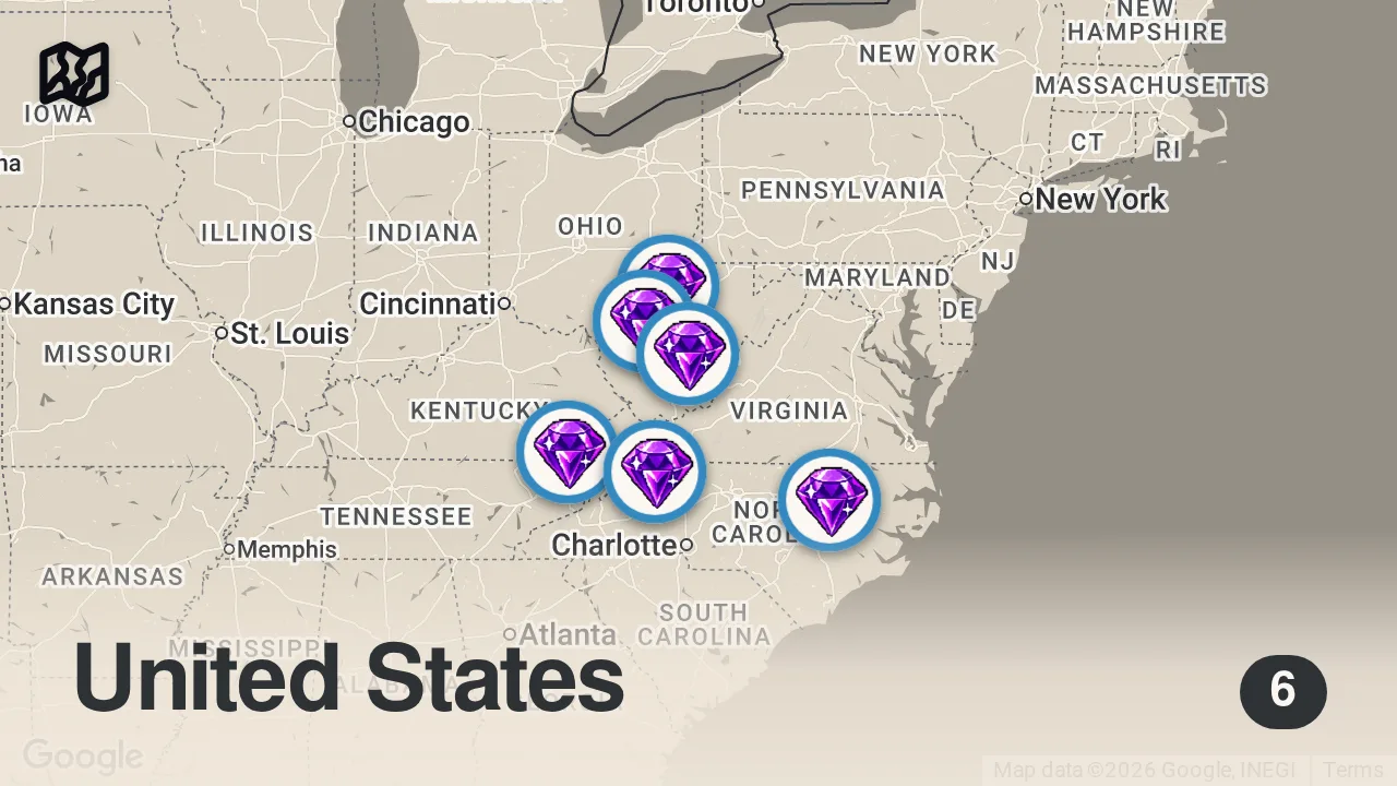 Map of 6 spots from Close Encounters with Terrifying Monsters | Mountain Monsters | Travel Channel