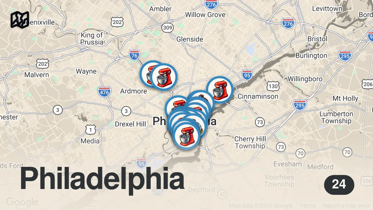 Map of 24 spots from Best chocolate chip cookies in Philly.