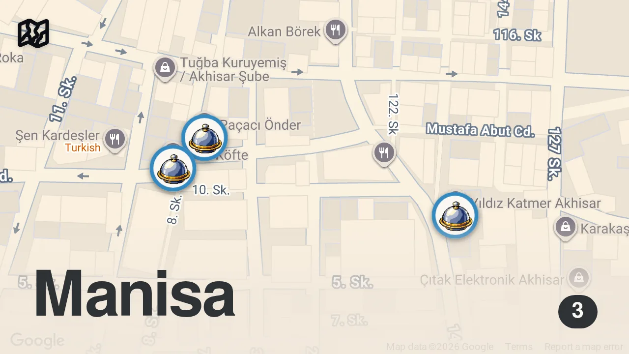 Map of 3 spots from Akhisar’da Gerçek Ustalık: 1920’den Paça, Efsane Köfte, 47 Yıllık Katmer | Vedat Milor
