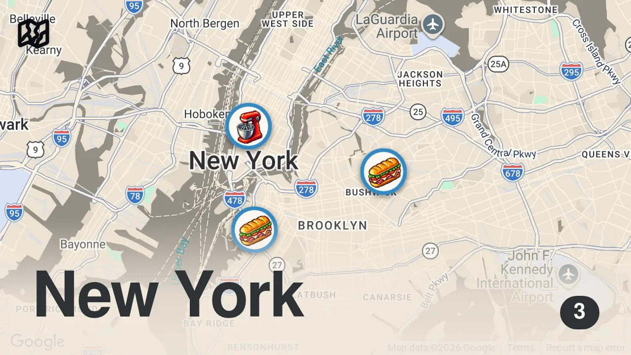 Map of 3 spots from ACTION BRONSON’S GUIDE TO NYC'S MOST LEGENDARY SANDWICHES | FTD