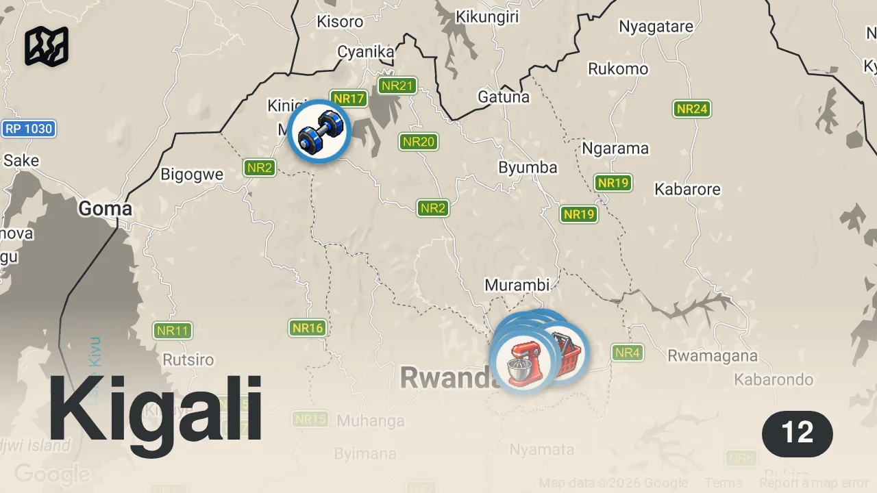 Map of 12 spots from Exposing The "Singapore Of Africa" - What Is The Reality Of Rwanda Today In 2025 🇷🇼 (Compilation)