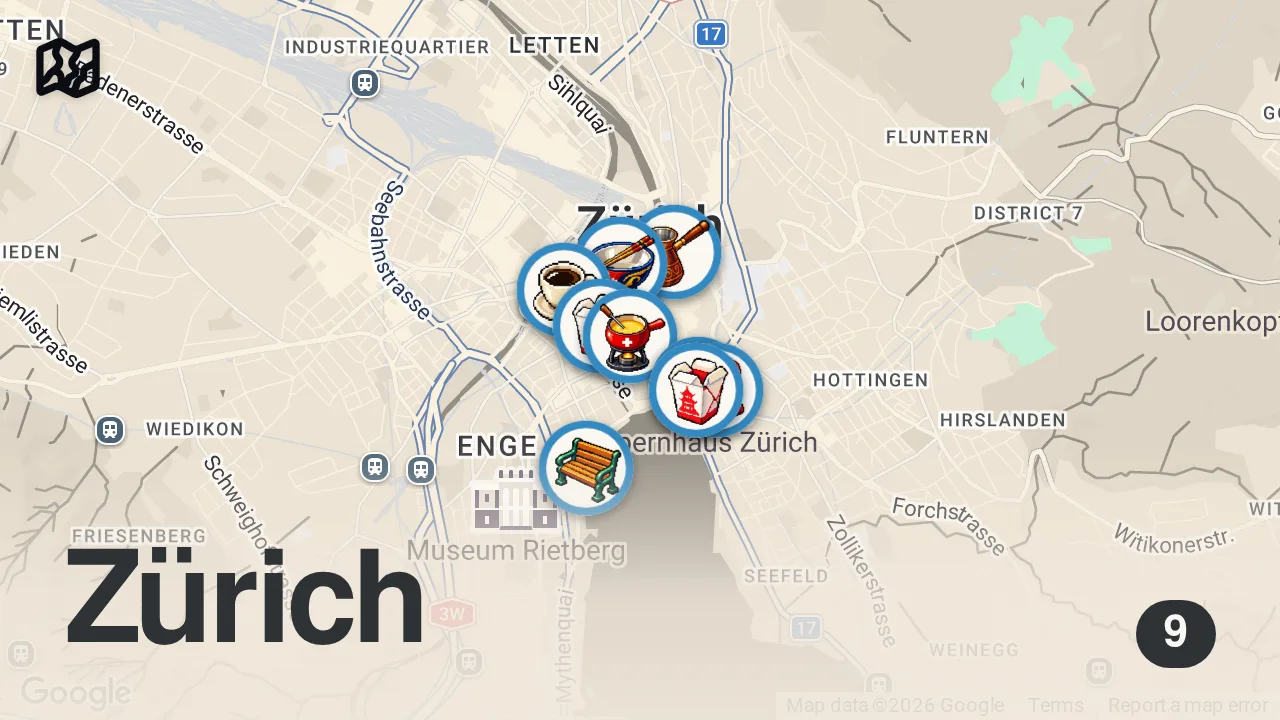 Map of 9 spots from 10 MUST EAT Restaurants in Zurich Switzerland (food guide) ! | Jeremy Jacobowitz