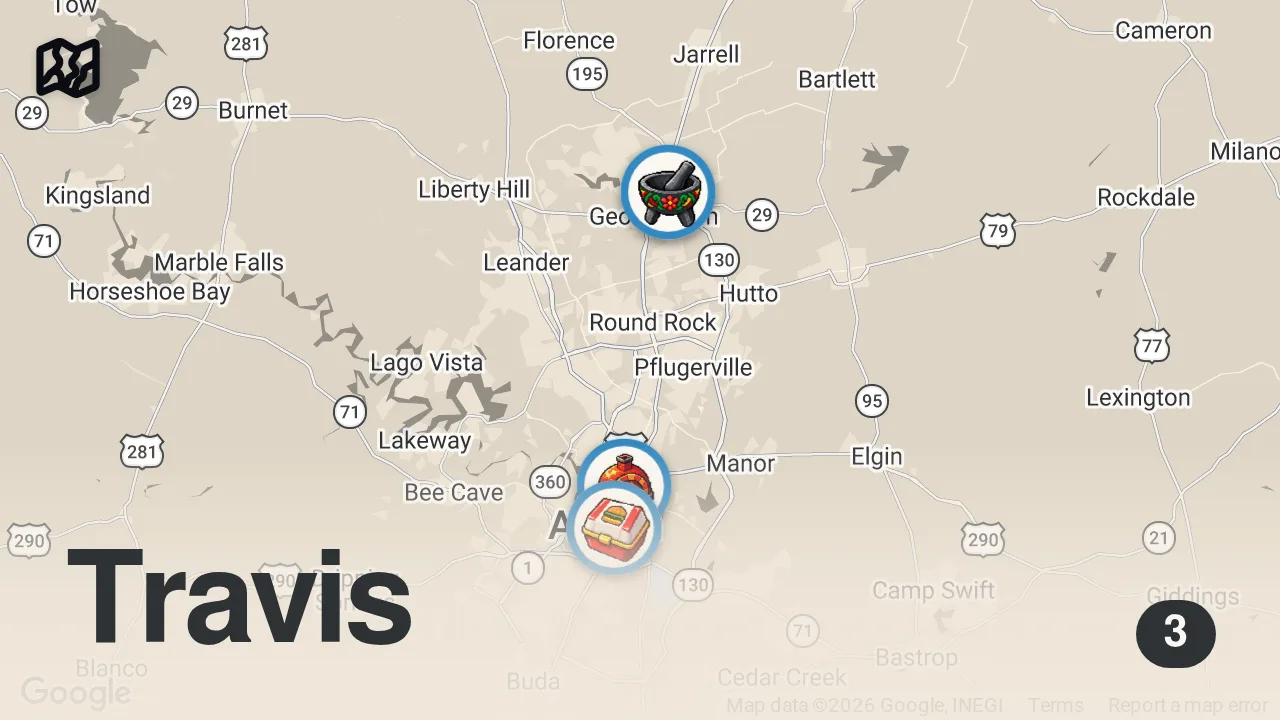 Map of 3 spots from Eating at VIRAL Restaurants For 24 Hours… (Austin, TX)