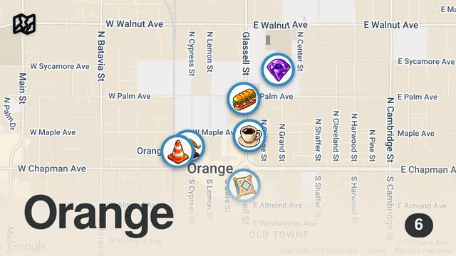 Map of Perfect Day in Orange, California: Vintage Shops, Waffle Sandwiches & More