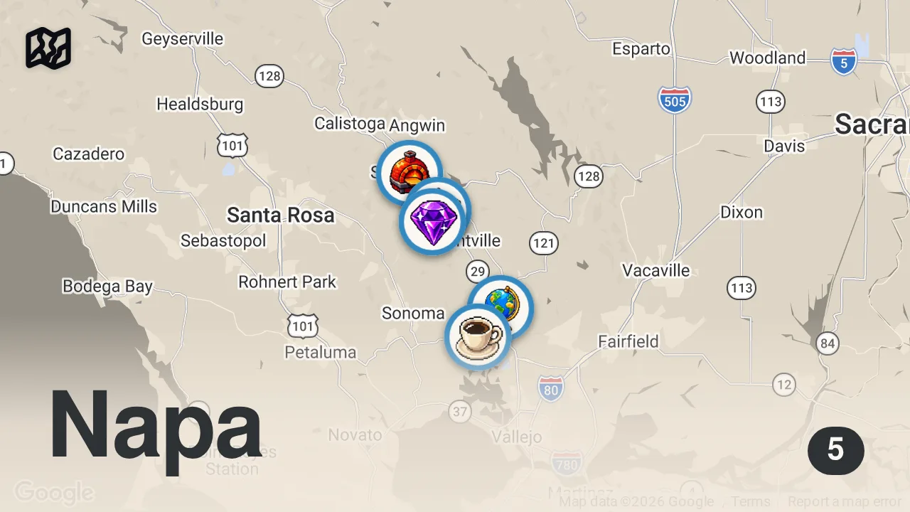 Map of 5 spots from Giant 9 DISHES BREAKFAST!! Farm to Table FOOD TOUR in Napa Valley, California!!