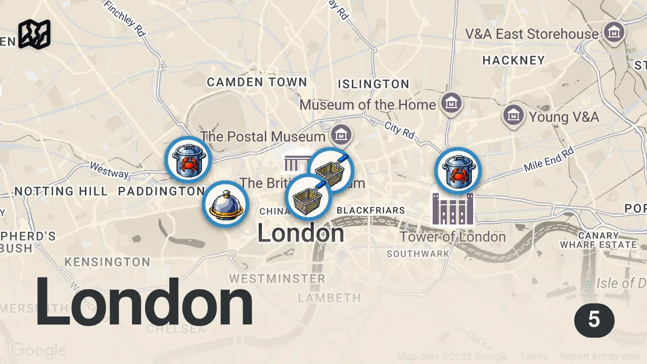 Map of 5 spots from Finding the Best Fish & Chips in London
