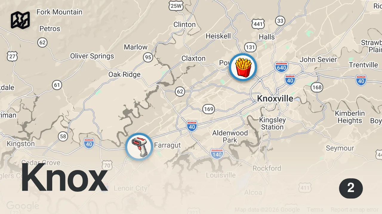 Map of 2 spots from Eating Southern Fast Food For 24 Hours... *East Tennessee*