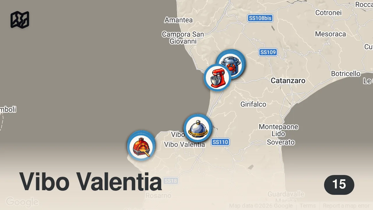 Map of 15 spots from 30 ITALIAN FOODS You Must Try in Calabria!