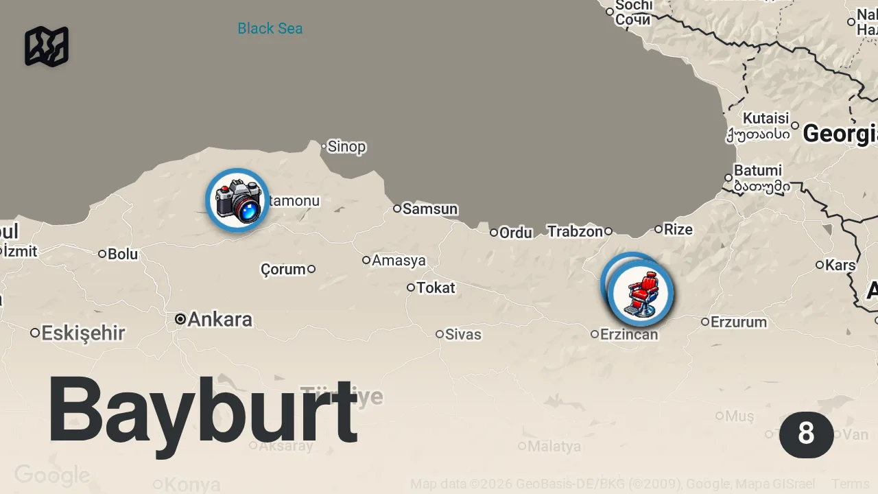 Map of 8 spots from BAYBURT’TA BİR GÜNDE NE YENİR!!! @MeatyCheesy