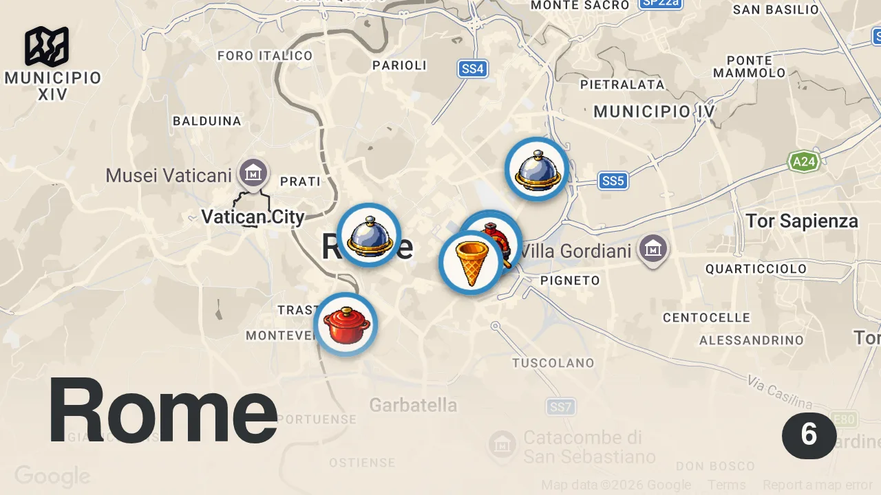 Map of 6 spots from Eat Like a Roman on a Budget 🇮🇹 | 5€ Full Lunch + Best Pizza & Pasta in Rome!