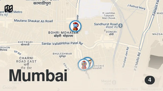 Map of MUSLIM Indian street food tour in Mumbai - HALAL Indian food on Mohammed Ali Road, India