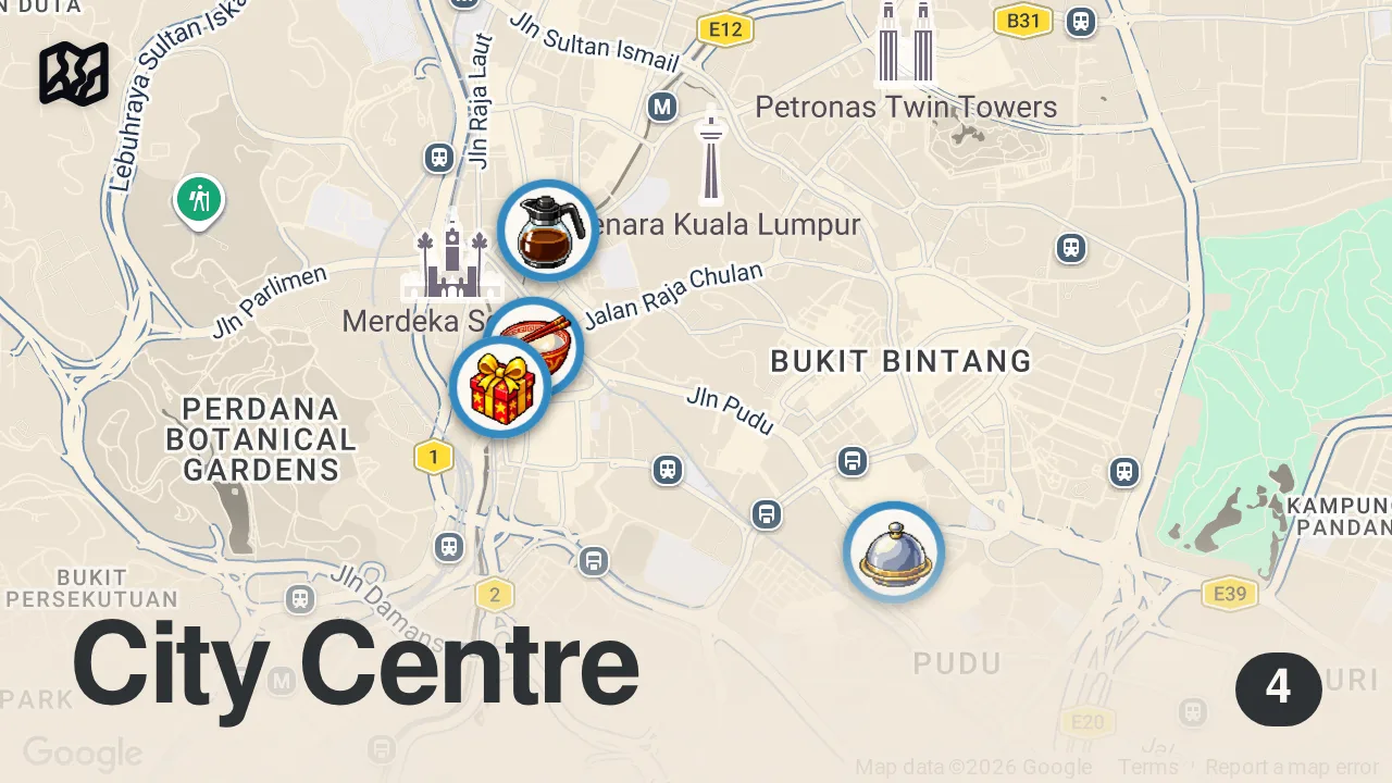 Map of 4 spots from 24 Hours of MALAYSIAN STREET FOOD in Kuala Lumpur ๐ฒ๐พ CRISPY Pork, BEEF Noodles & More!