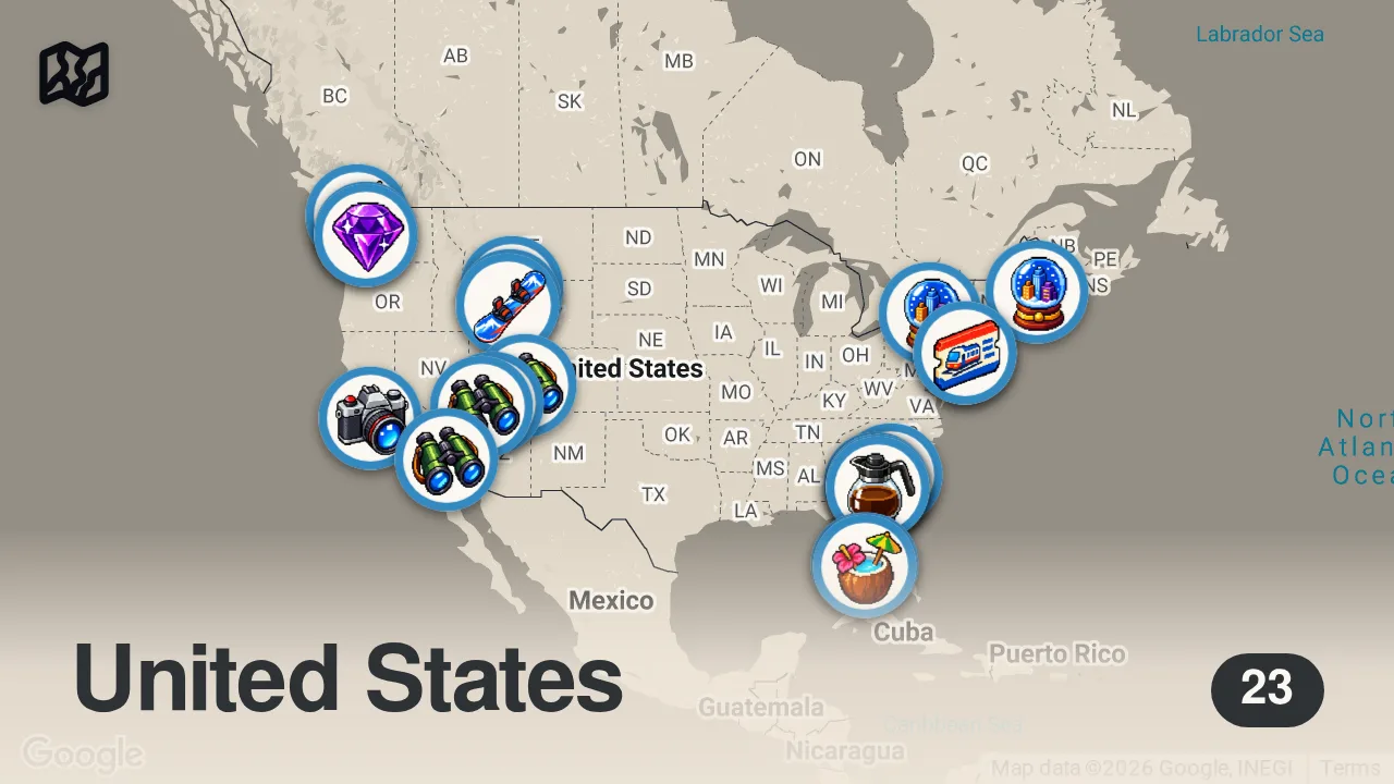 Map of 23 spots from 10 USA Travel Destinations YOU Should Visit