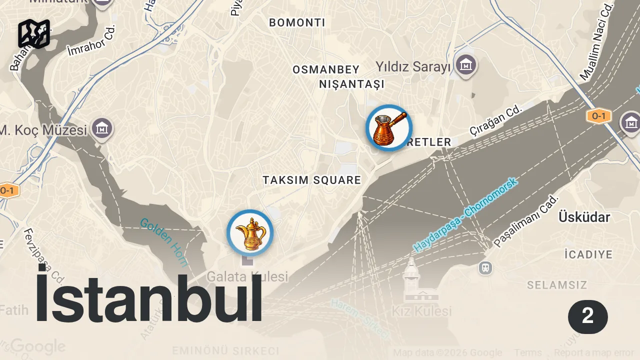 Map of 2 spots from İstanbul’da Kayseri Cıvıklısı, Köfte ve Mantı Ziyafeti | Vedat Milor