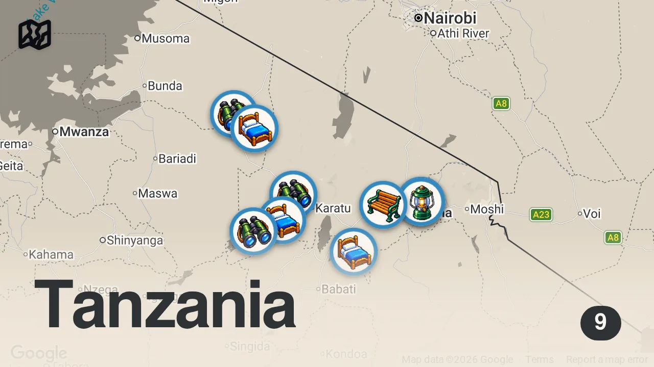Map of 9 spots from How Much Does a Tanzania Safari REALLY Cost? 🇹🇿 ($5K vs $10K vs $20K)