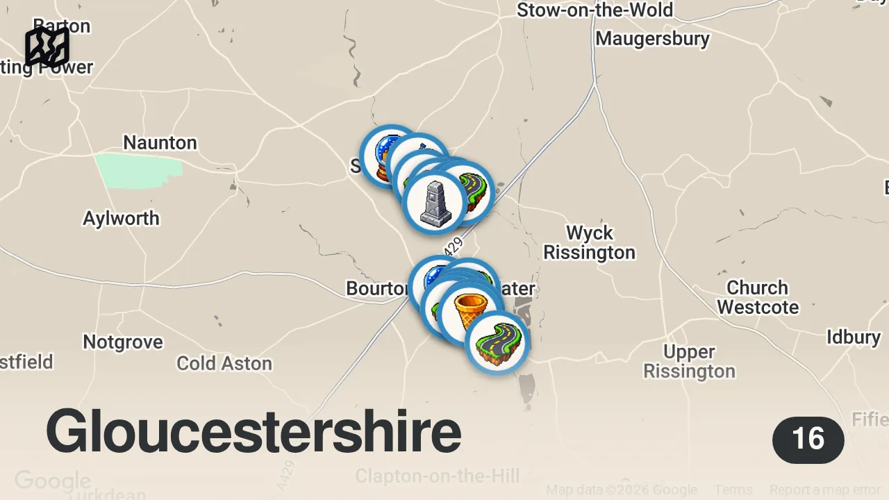Map of 16 spots from [4K]🇬🇧 Cotswolds, UK – Bourton-on-the-Water & More: Charming English Countryside Villages ❤️ 2025