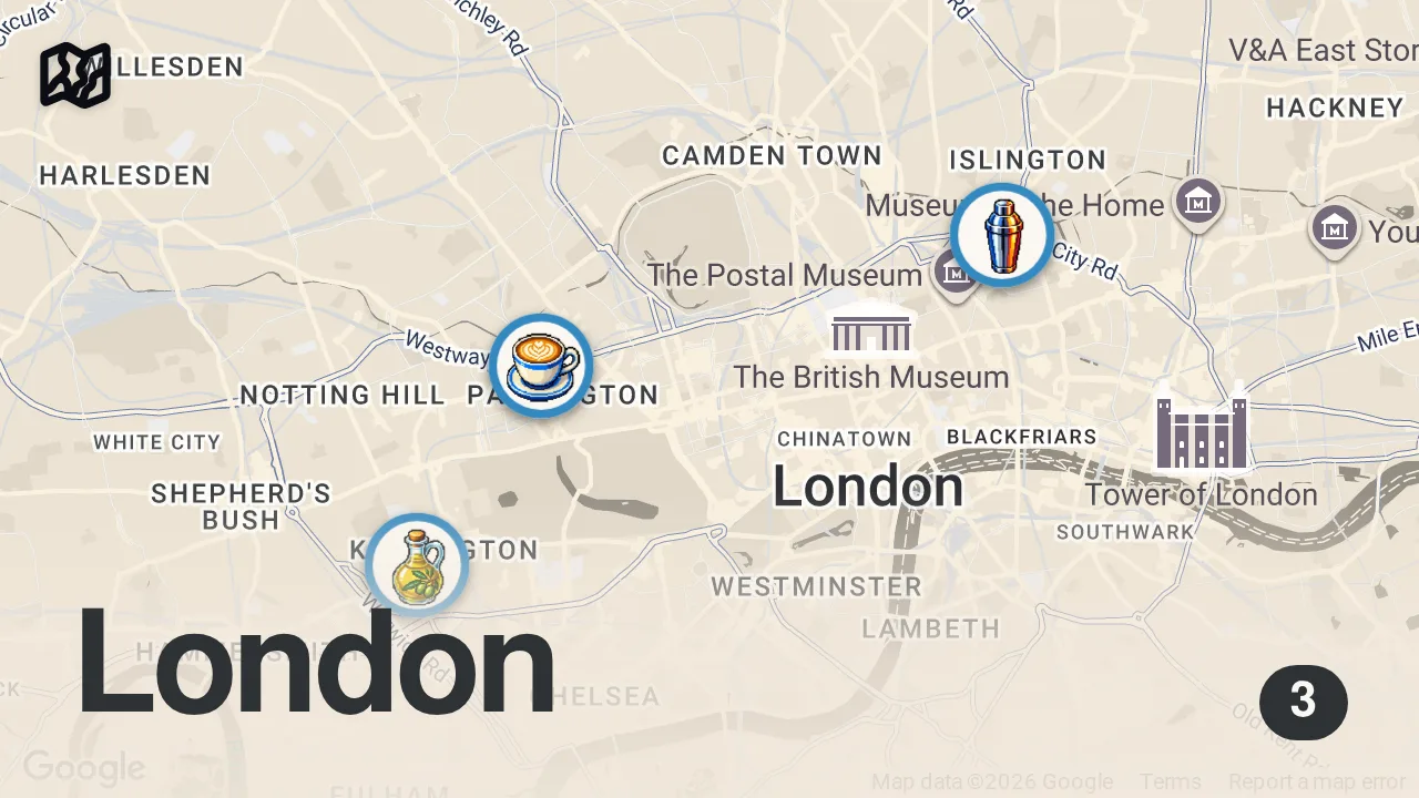 Map of 3 spots from Finding the Best Bottomless Brunch in London
