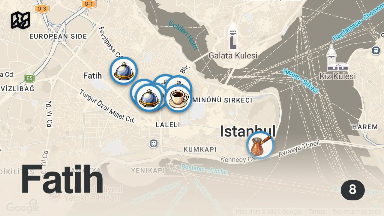 Map of 8 spots from FATİH LEZZET REHBERİ (Kitel, ayak paça, lahmacun, küşleme, boza) - Ayaküstü Lezzetler
