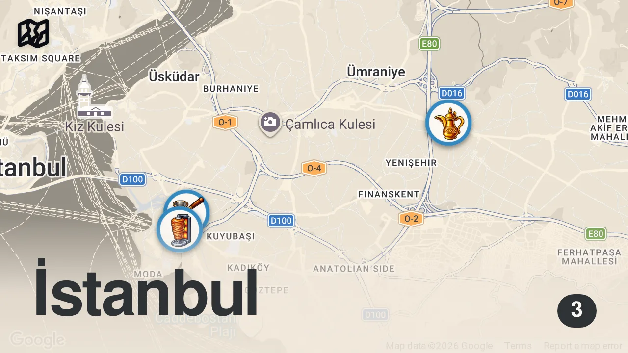 Map of 3 spots from BEST Turkish food in Istanbul | CHEESIEST Turkish Pide + MOST exotic food in Turkey