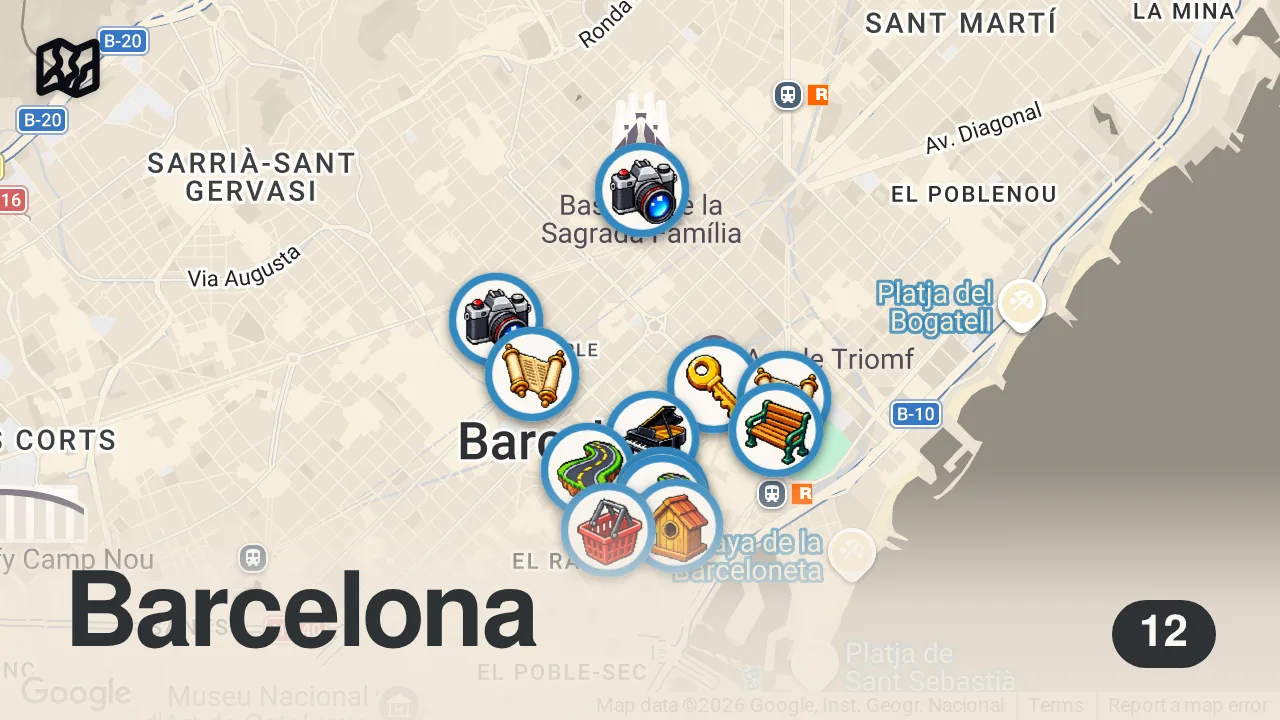 Map of 12 spots from Barcelona, Spain 🇪🇸 Gaudi’s Masterpieces & Gothic Quarter - 2025 Summer Walk 4K ​[Binaural ASMR]