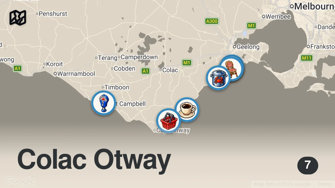 Map of 7 spots from FISH & CHIPS Mountain!! ๐ ๐ Best Australian SEAFOOD on the Great Ocean Road!!