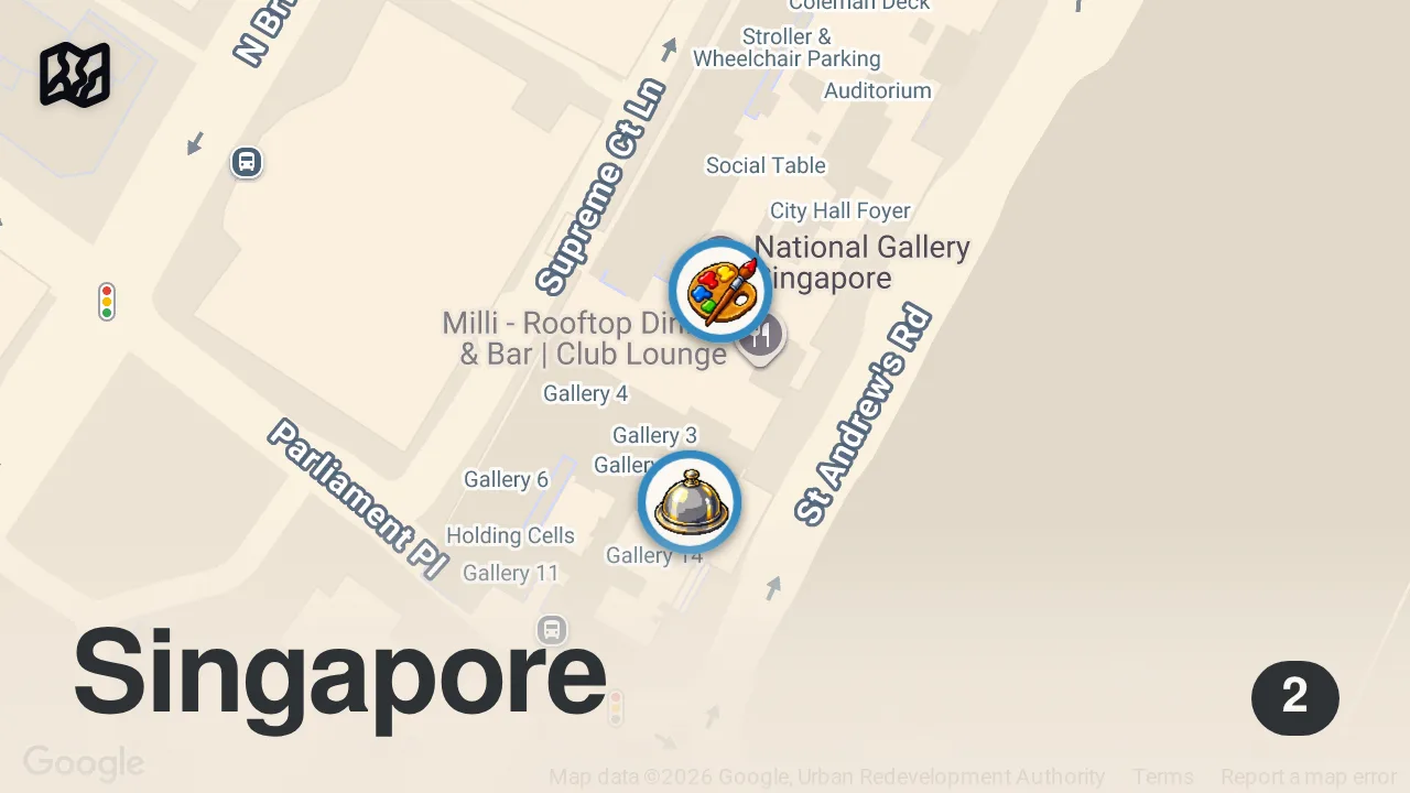 Map of 2 spots from Inside One of ASIA'S BEST 3-MICHELIN Star Restaurants | Odette, Singapore