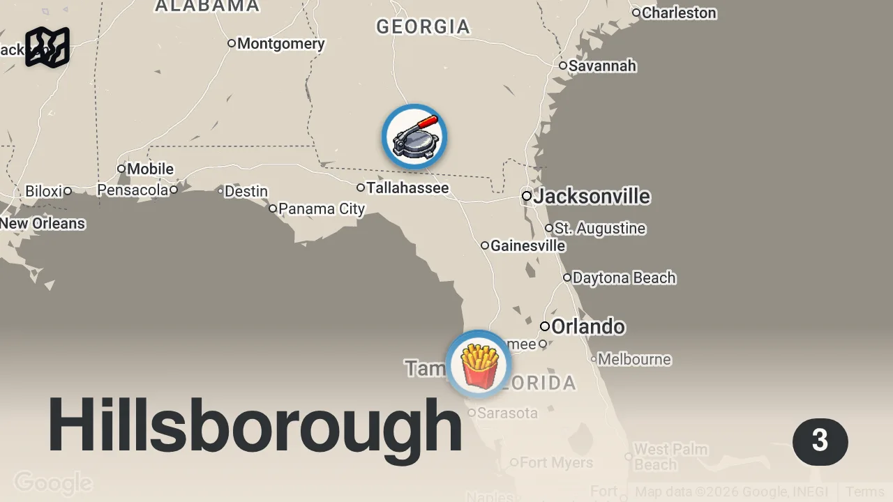 Map of 3 spots from Eating at Fast Food Restaurants I’ve Never Heard of… (Tampa)