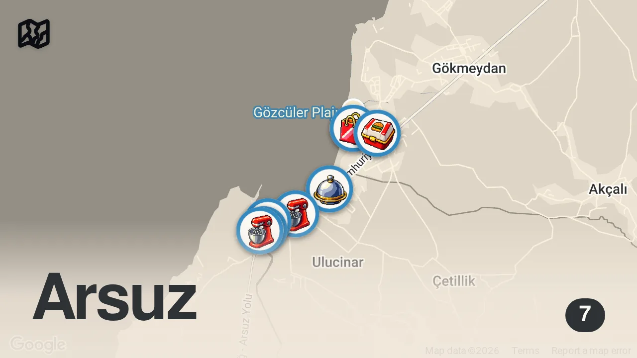 Map of 7 spots from Arsuz Vlog: Çıtır künefe, Hatay lezzetleri ve nefis hamburger- Oğuz Yenihayat