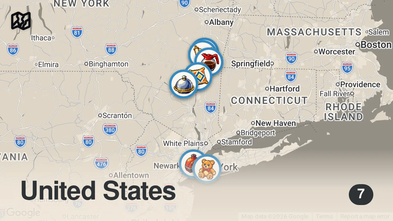 Map of 7 spots from 3 Must Eat Restaurants for a Hudson Valley NY Solo Road Trip!