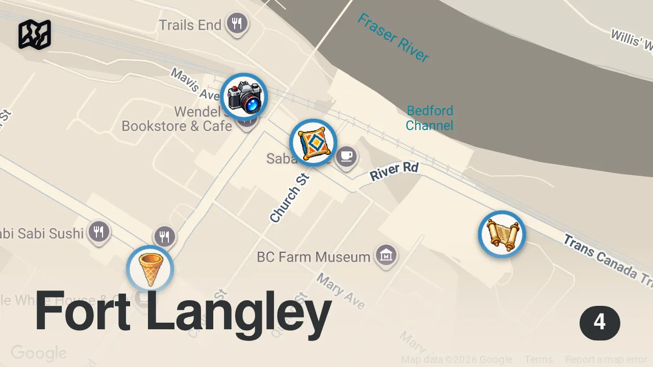 Map of 4 spots from Fort Langley: The Perfect Day Trip From Vancouver ๐จ๐ฆ