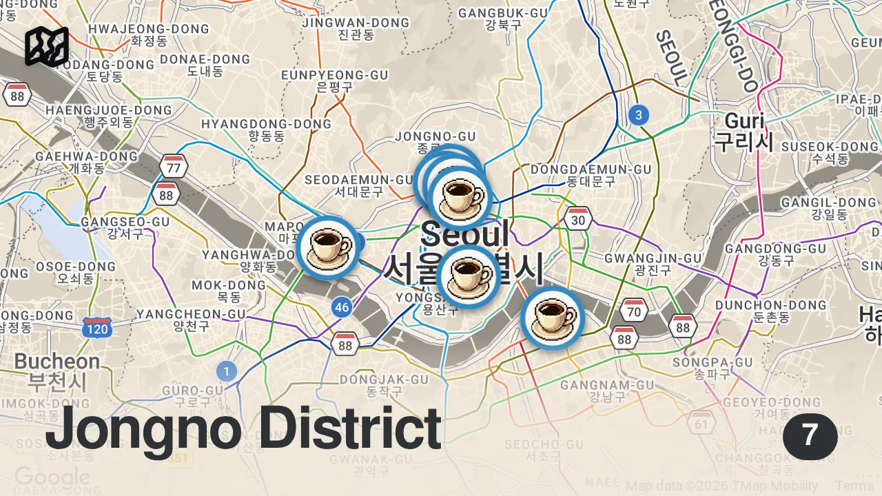 Map of 7 spots from I Only Ate at the Craziest Cafes in Korea for 24 Hours!