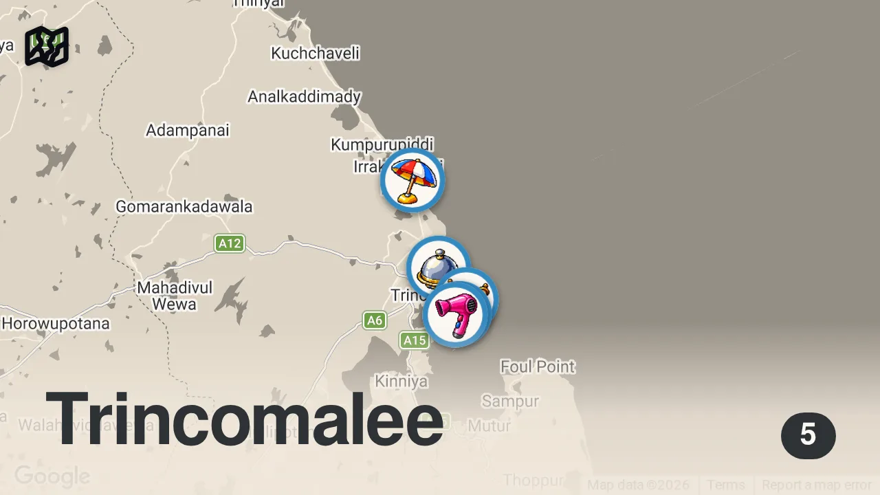 Map of 5 spots from $200 Head Massage By Tamil Man In Trincomalee, Sri Lanka 🇱🇰