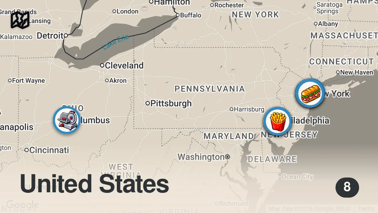 Map of 8 spots from 4 MUST EAT Philly Cheesesteaks in NYC!